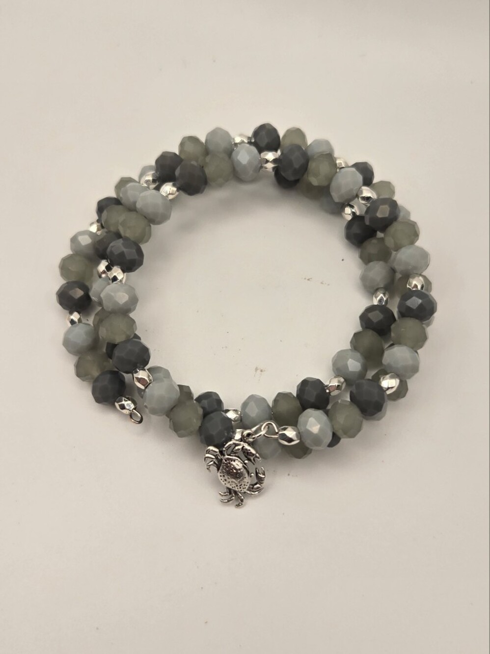 Faceted Gray Multi-Strand Wrap Bracelet with Silver Crab Charm